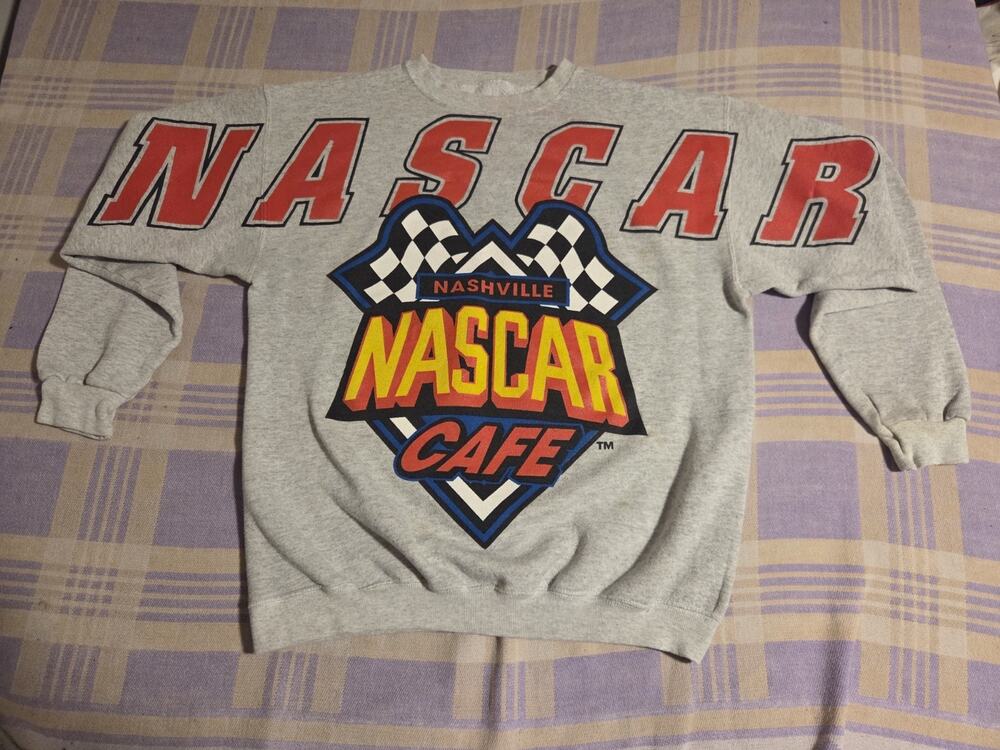 Vintage 90s Nascar Cafe Spellout Sweatshirt Nashville Race AOP Car Racing Flag